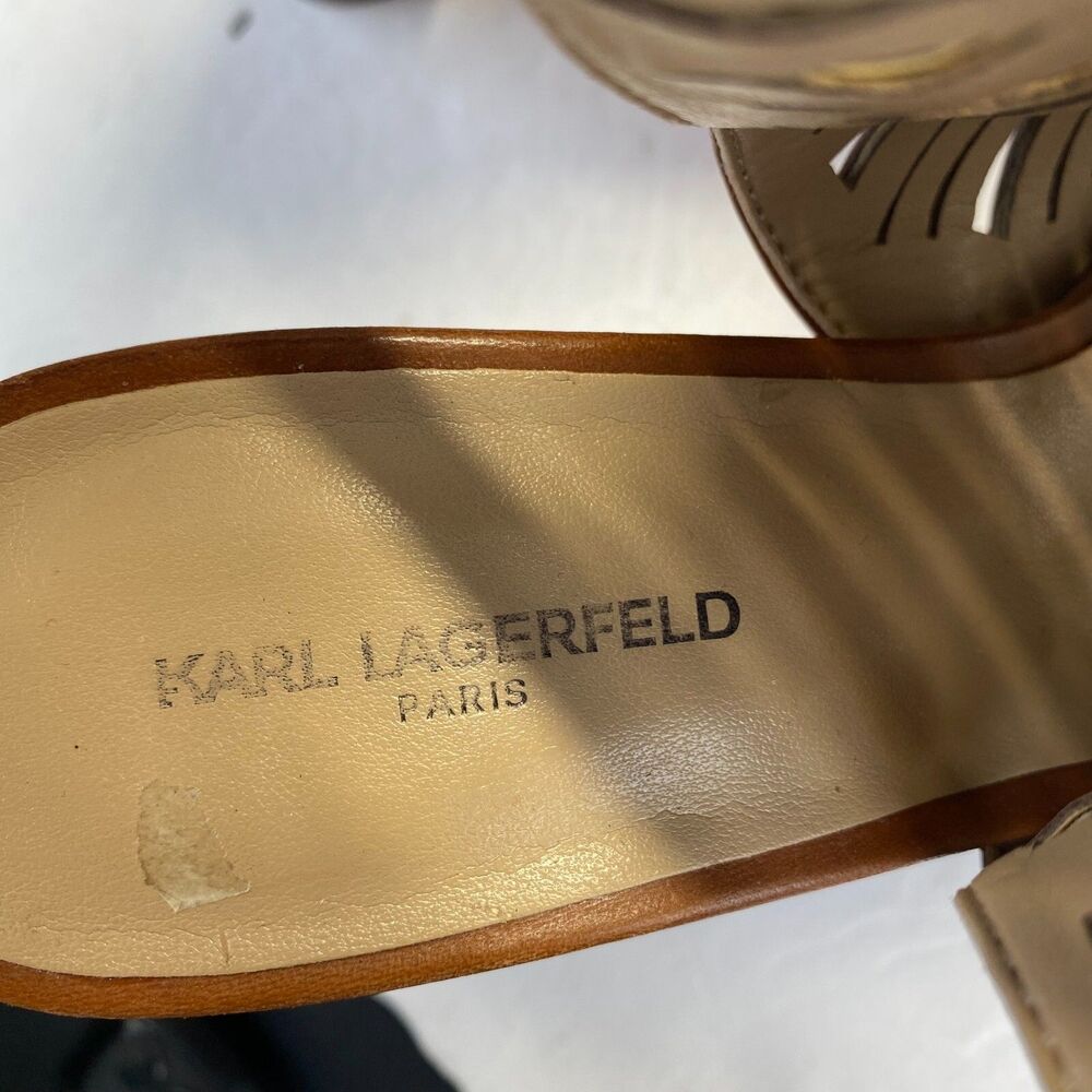 Karl Lagerfeld Rennes Laser Cut Caged Block Leather Peep Toe Buckle Heels 7.5 M - Picture 8 of 13